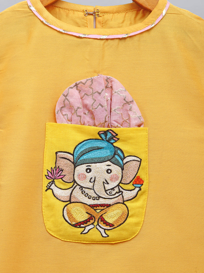 Ganpati Embroidered Yellow Kurta Dhoti Set