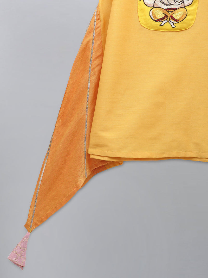 Ganpati Embroidered Yellow Kurta Dhoti Set