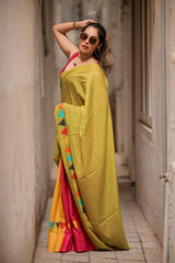 Garden Butterfly Olive Green Mul Mul Printed Saree