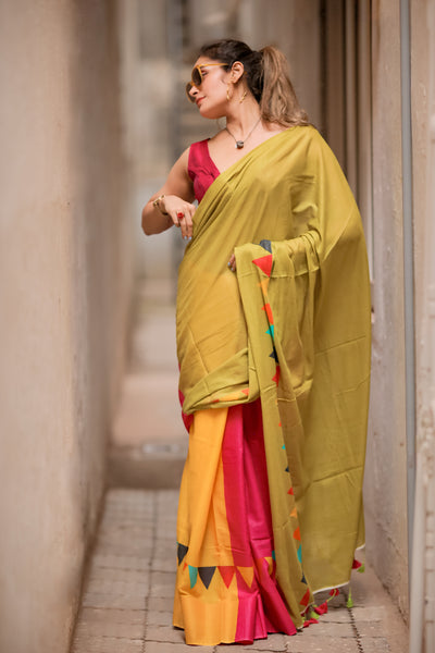 Garden Butterfly Olive Green Mul Mul Printed Saree
