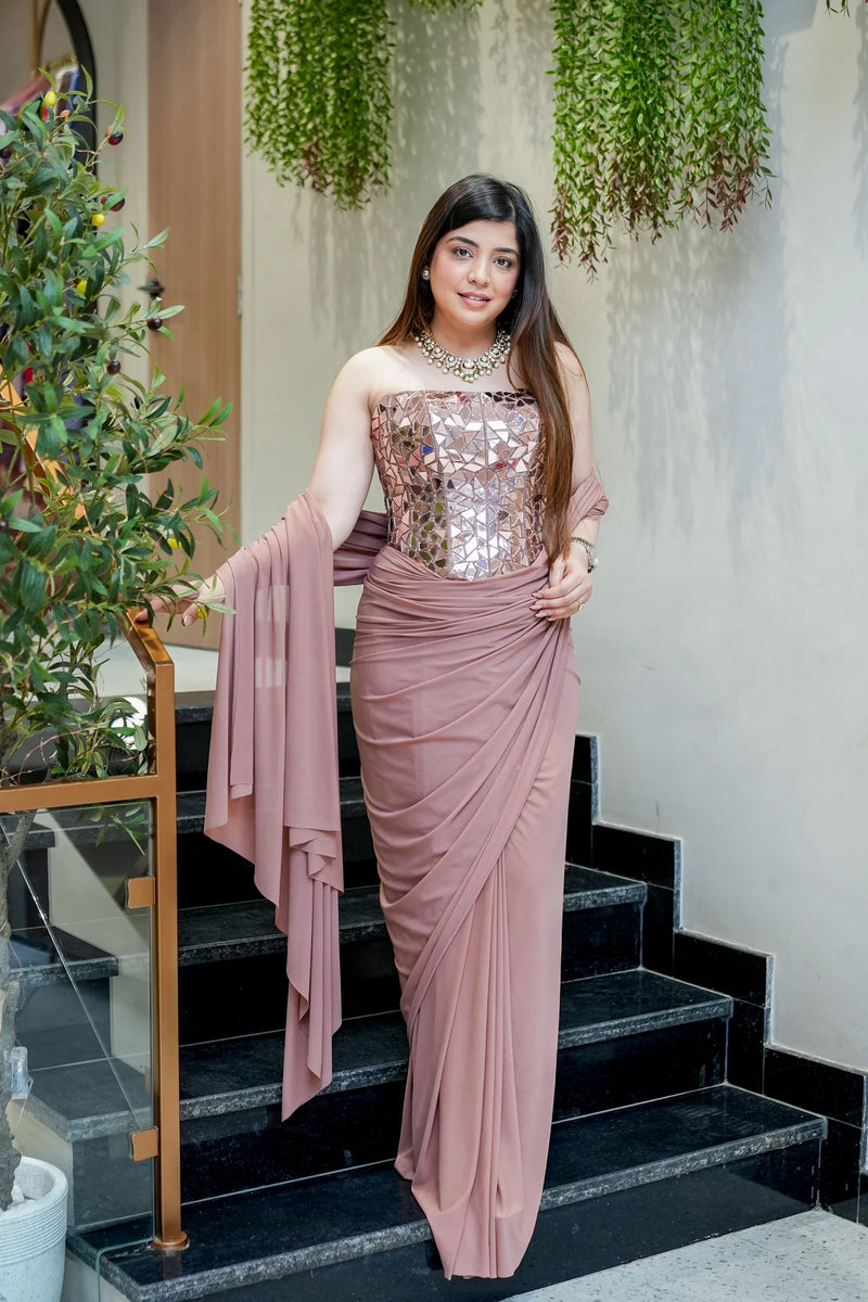 Mirror-embellished structured corset Drape Saree