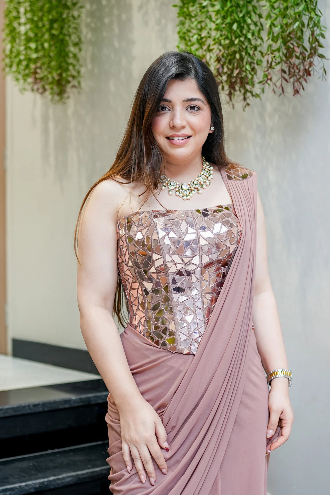 Mirror-embellished structured corset Drape Saree
