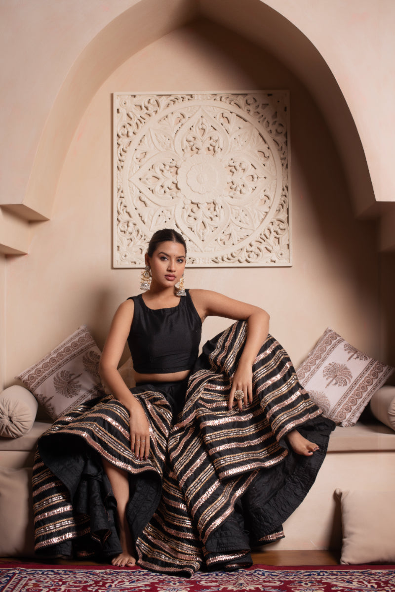 Black Gota Patti Cotton Silk Lehenga With Net Dupatta