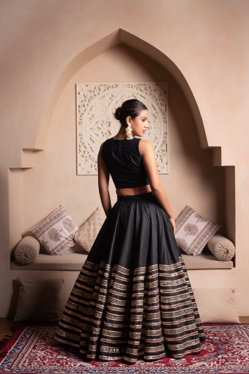 Black Gota Patti Cotton Silk Lehenga With Net Dupatta
