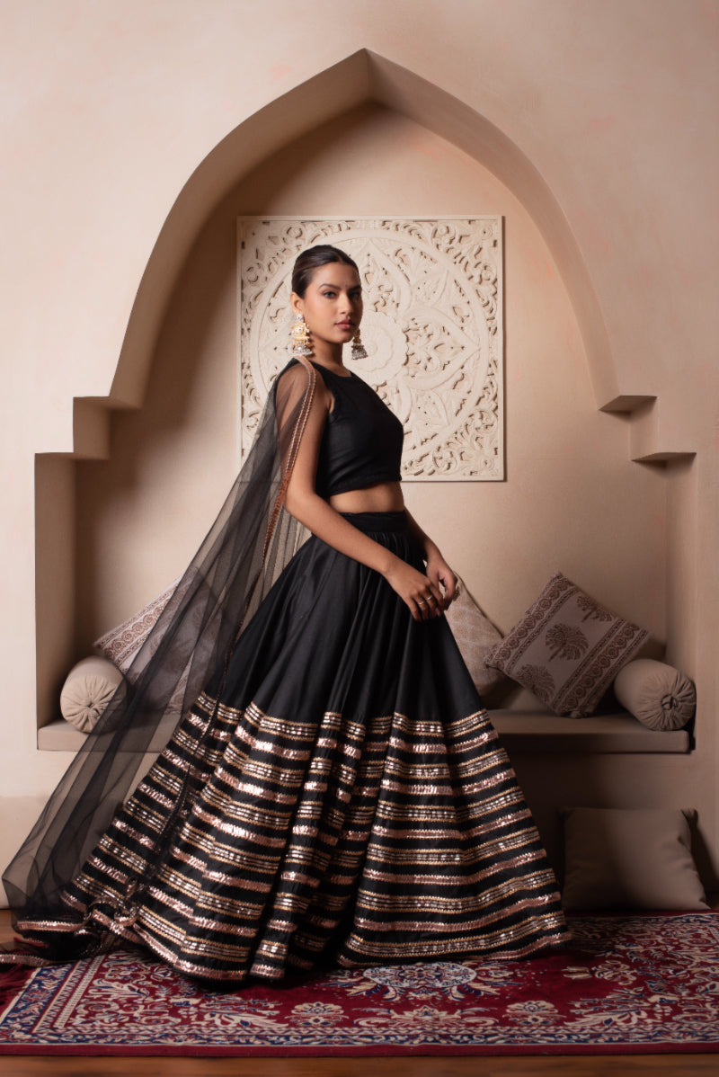 Black Gota Patti Cotton Silk Lehenga With Net Dupatta