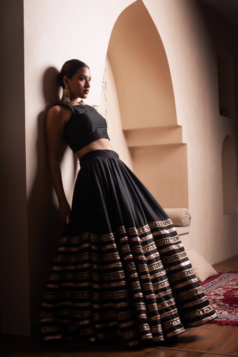 Black Gota Patti Cotton Silk Lehenga With Net Dupatta
