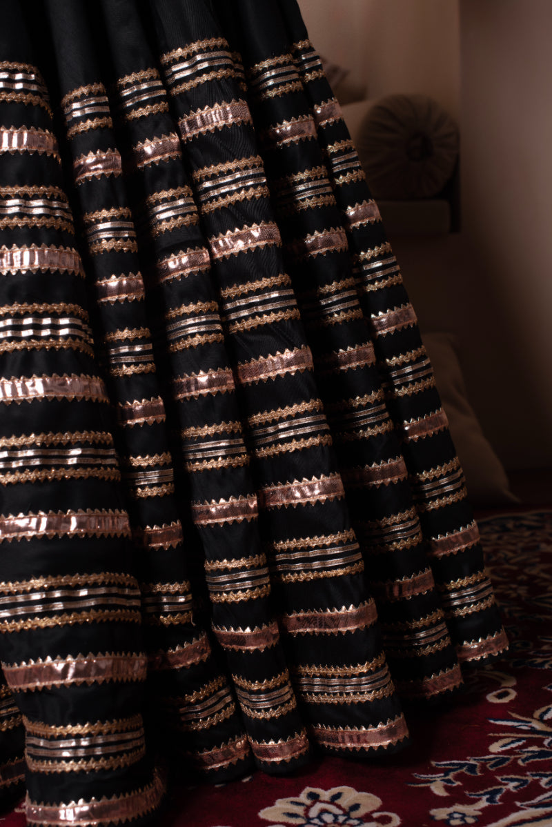 Black Gota Patti Cotton Silk Lehenga With Net Dupatta