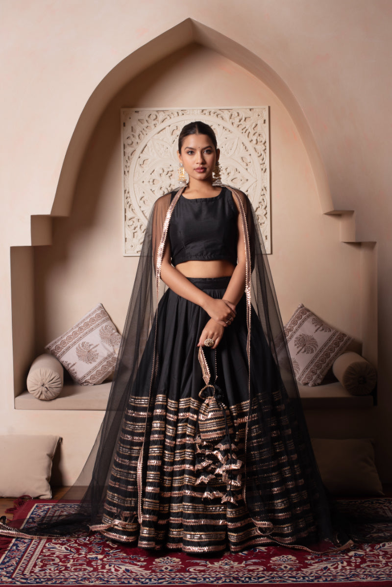 Black Gota Patti Cotton Silk Lehenga With Net Dupatta
