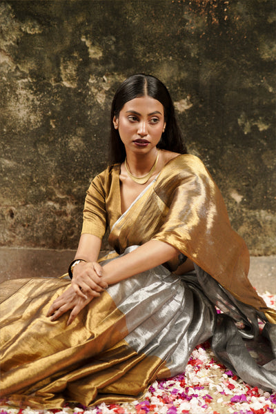 Gold and Silver Handloom Tissue Saree