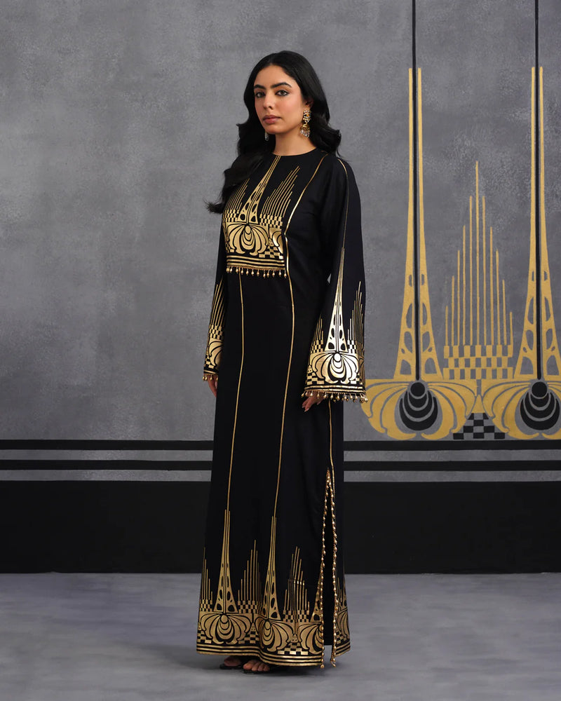 Royal Luxurious Noir Gold Foil Kaftan Dress