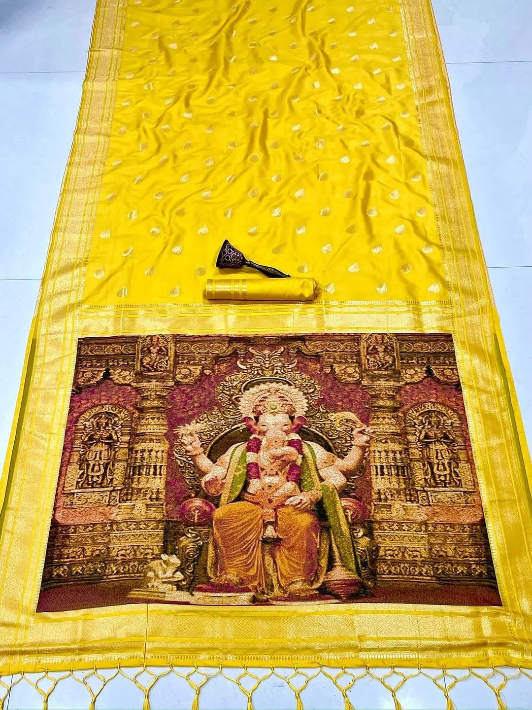 Golden yellow paithani silk ganpati design saree