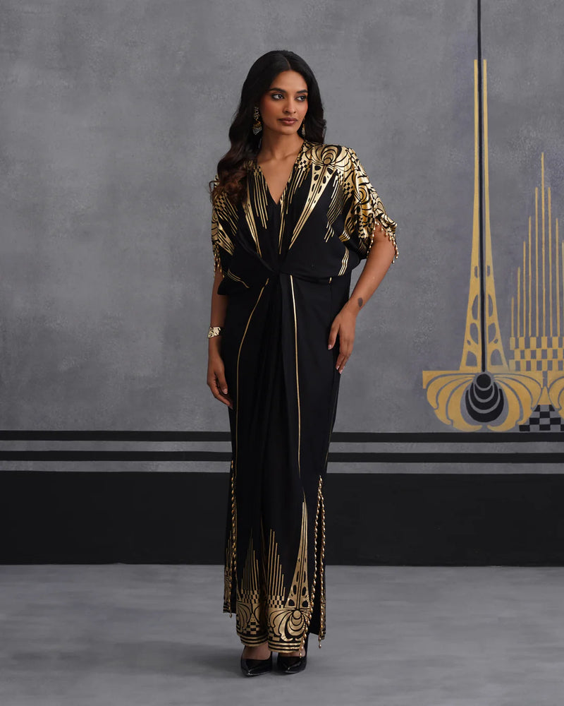 Midnight Gold Foil Draped Kaftan Dress