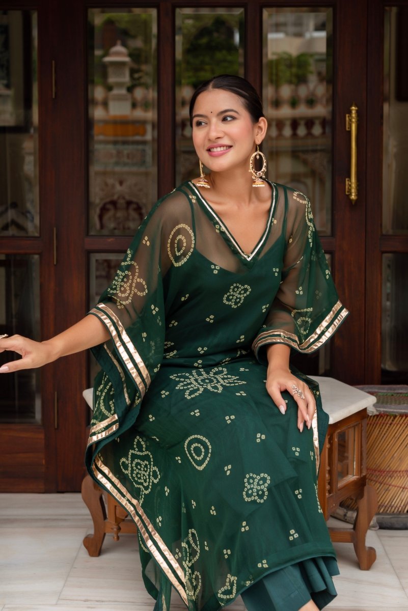 Dark Green Bandhej Women's Kaftan Set Reet Lifestyle Dark Green Bandhej Women's Kaftan Set Reet Lifestyle