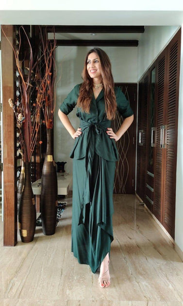 green two-piece skirt and blazer set