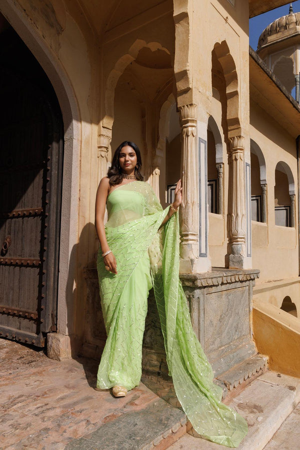 Green Chiffon Hand Embroidered Gota Saree