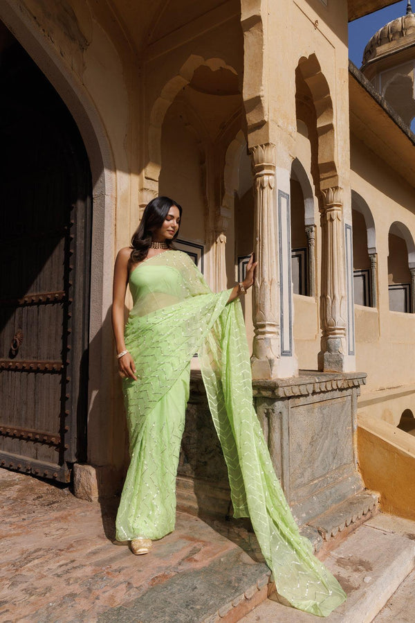 Green Chiffon Hand Embroidered Gota Saree