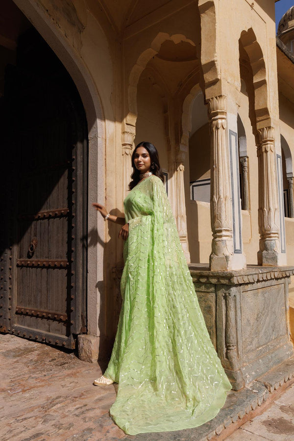 Green Chiffon Hand Embroidered Gota Saree
