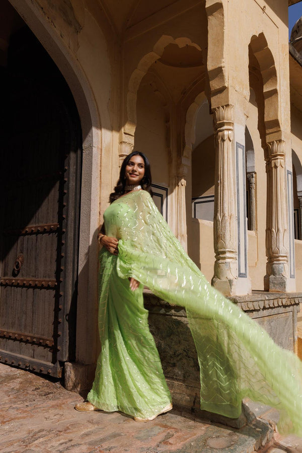 Green Chiffon Hand Embroidered Gota Saree