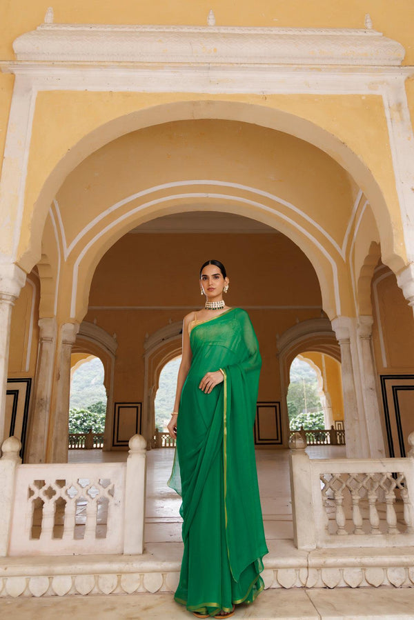 Green Hand Dyed Plain Chiffon Saree With Jacquard Blouse