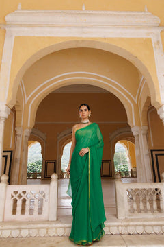 Green Hand Dyed Plain Chiffon Saree With Jacquard Blouse