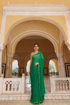 Green Hand Dyed Plain Chiffon Saree With Jacquard Blouse