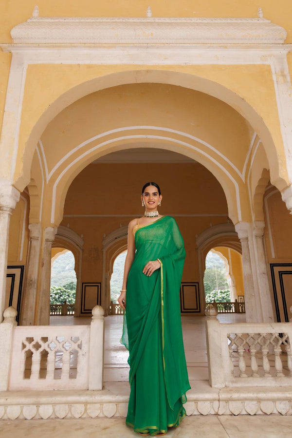 Green Hand Dyed Plain Chiffon Saree With Jacquard Blouse