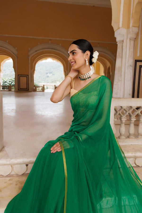 Green Hand Dyed Plain Chiffon Saree With Jacquard Blouse