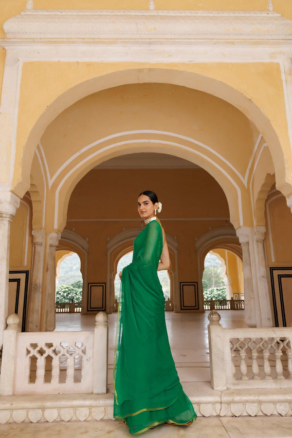 Green Hand Dyed Plain Chiffon Saree With Jacquard Blouse
