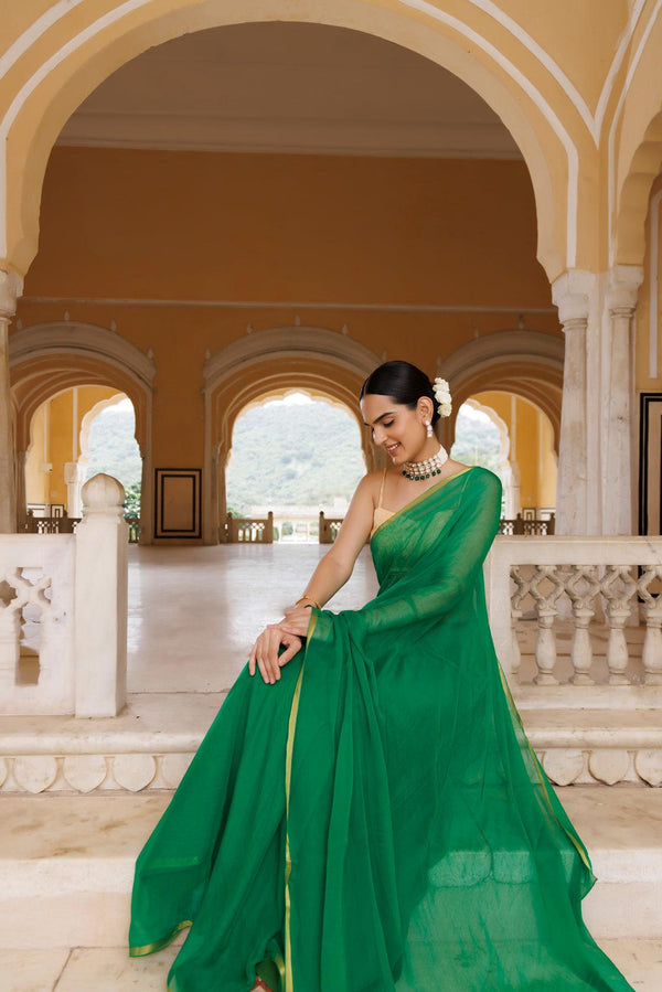 Green Hand Dyed Plain Chiffon Saree With Jacquard Blouse