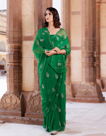 Green Hand Embroidered Chiffon Saree