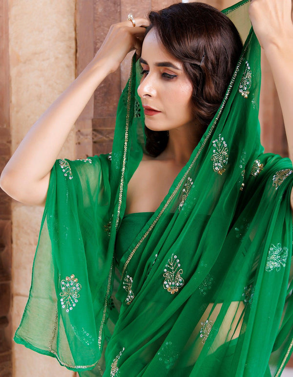 Green Hand Embroidered Chiffon Saree