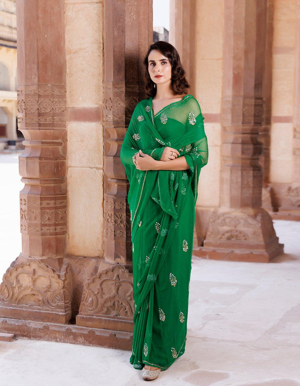Green Hand Embroidered Chiffon Saree