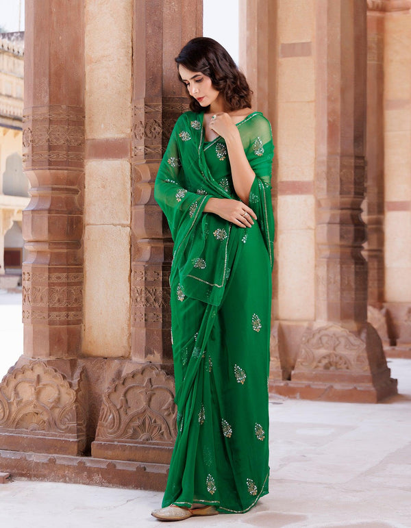 Green Hand Embroidered Chiffon Saree