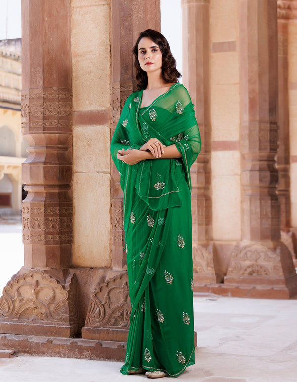Green Hand Embroidered Chiffon Saree