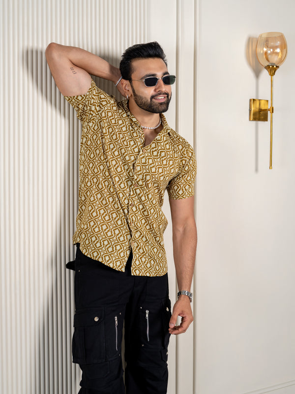Green Jaipuri Print Cuban Collar Casual Shirt Men