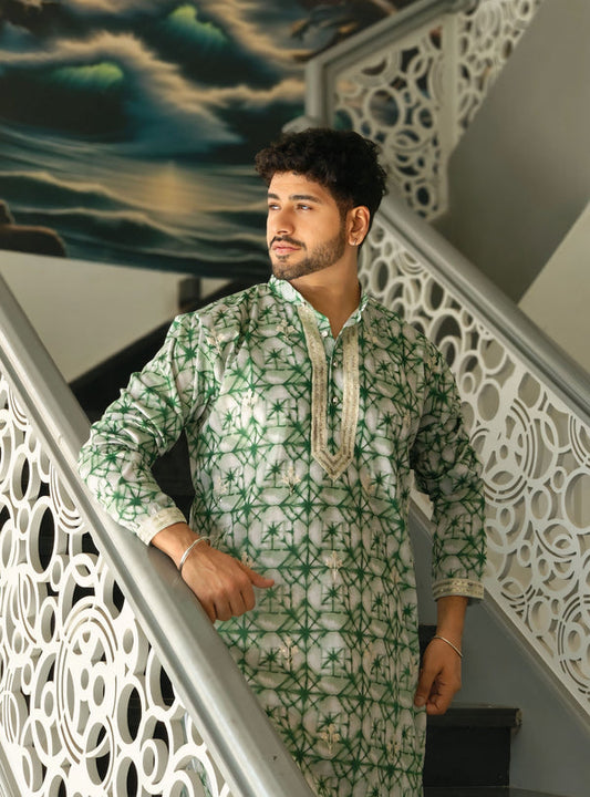 Green Linen Tie-Dye Men's Kurta with Neck Embroidery 600
