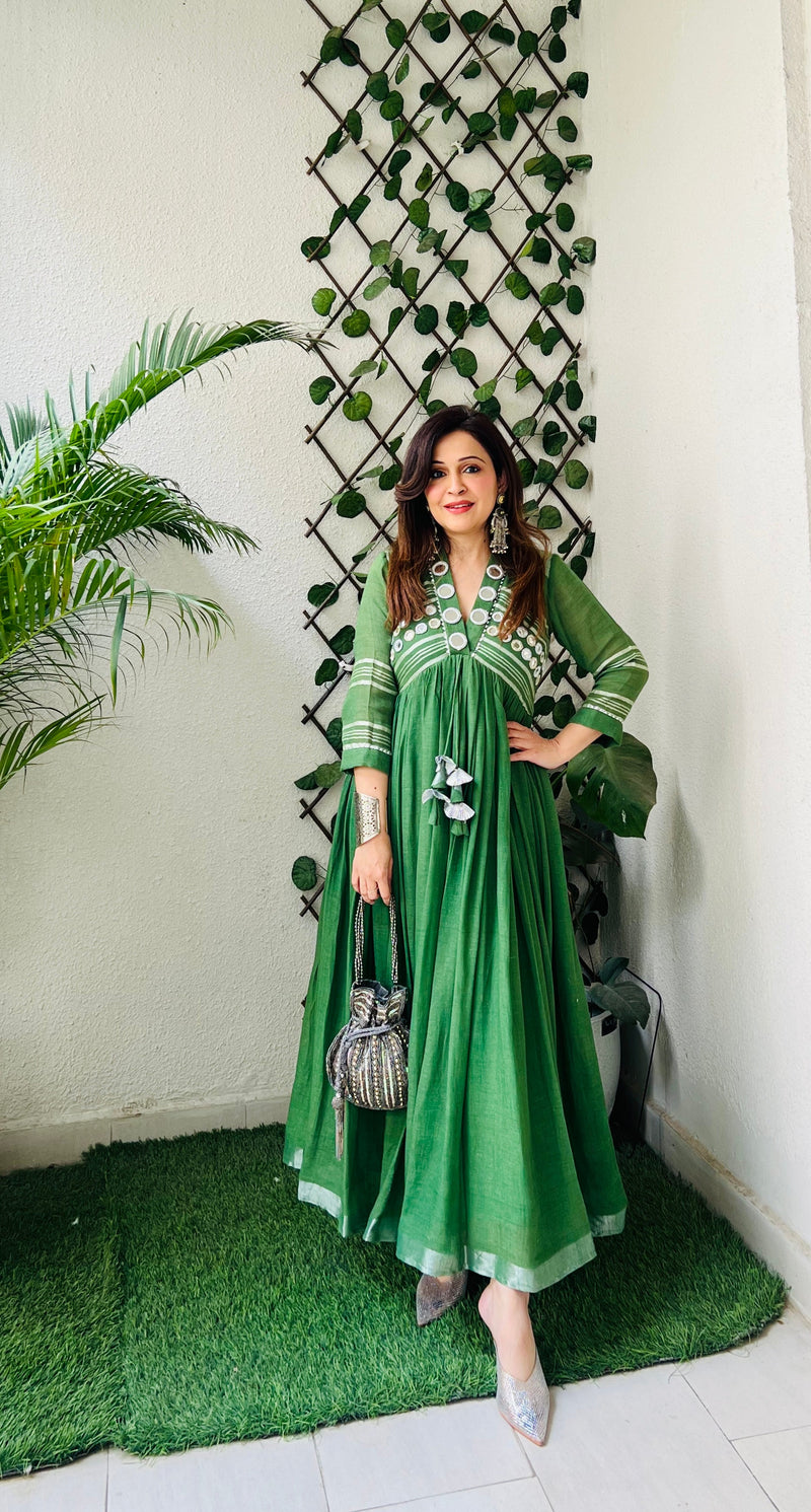 Green linen midi dress