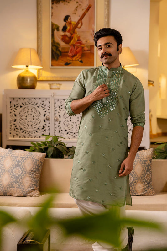 Green Mirror Work Men's Kurta 600