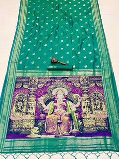 Green paithani silk ganpati design saree