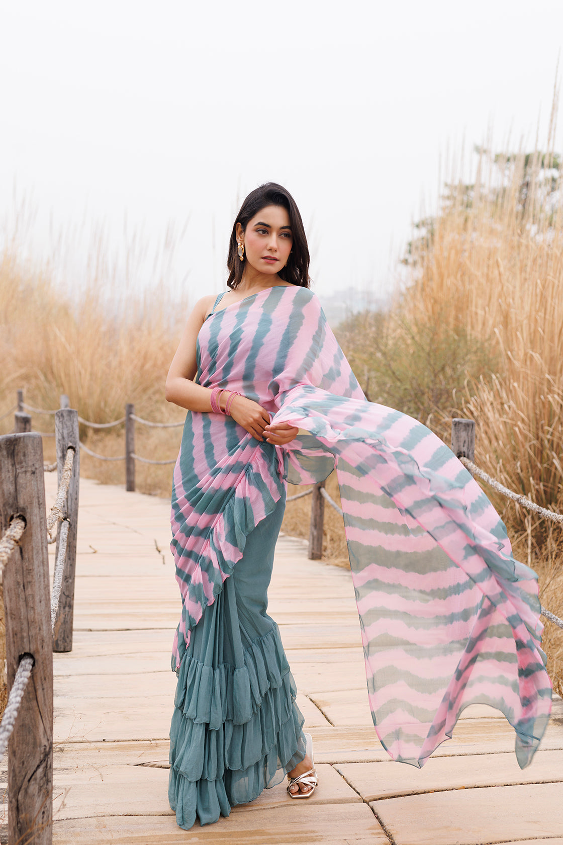 Green & Pink Ruffle Chiffon Saree  Stitched Leheriya Chiffon Saree