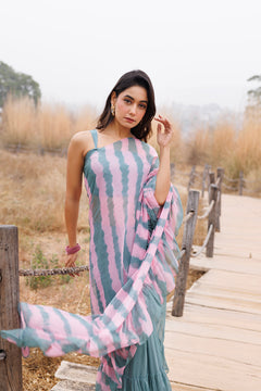 Green & Pink Ruffle Chiffon Saree  Stitched Leheriya Chiffon Saree