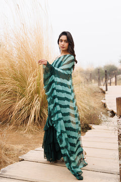 Green Ruffle Chiffon Saree  Stitched Leheriya Chiffon Saree