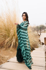 Green Ruffle Chiffon Saree  Stitched Leheriya Chiffon Saree