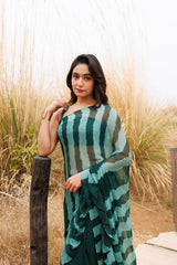 Green Ruffle Chiffon Saree  Stitched Leheriya Chiffon Saree