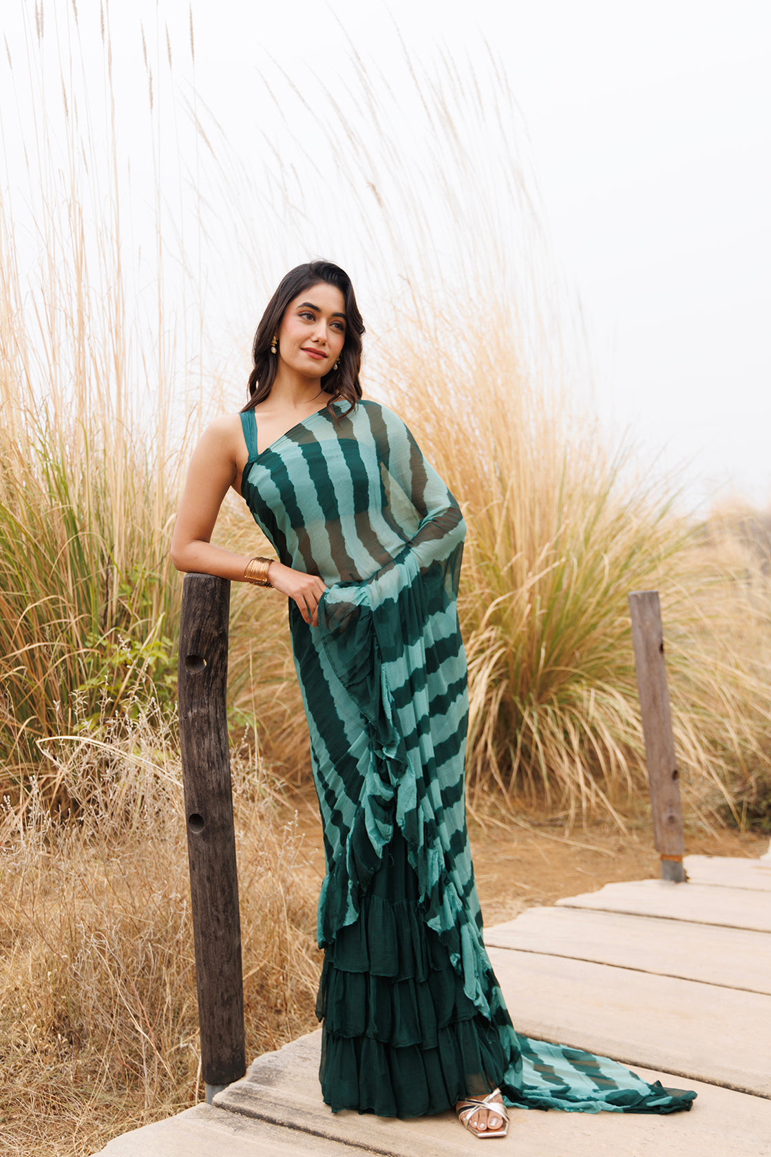 Green Ruffle Chiffon Saree  Stitched Leheriya Chiffon Saree
