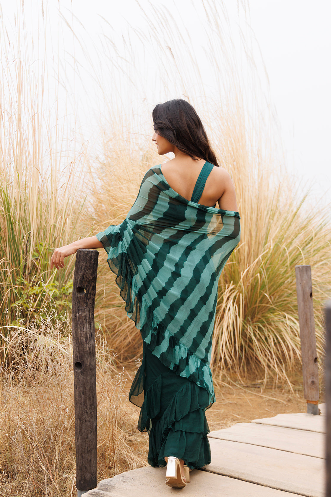 Green Ruffle Chiffon Saree  Stitched Leheriya Chiffon Saree