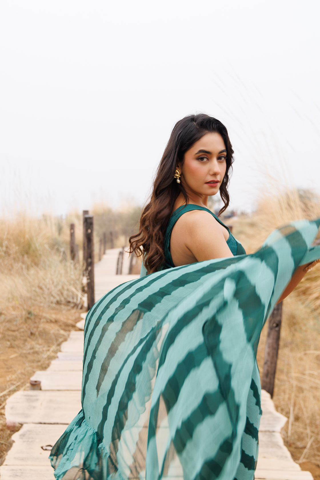 Green Ruffle Chiffon Saree  Stitched Leheriya Chiffon Saree