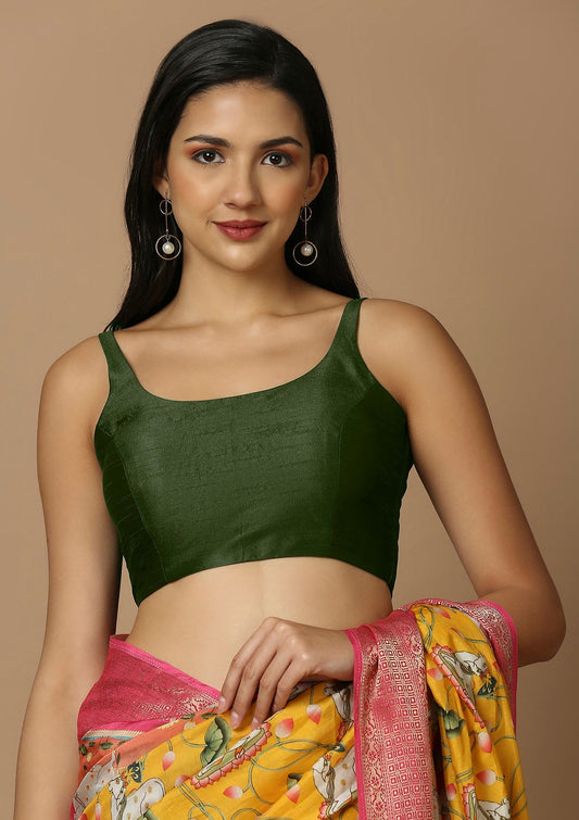 Green Silk Sleeveless Padded Readymade Blouse 1200