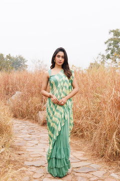Green & Yellow Ruffle Chiffon Saree