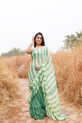 Green & Yellow Ruffle Chiffon Saree  Stitched Leheriya Chiffon Saree